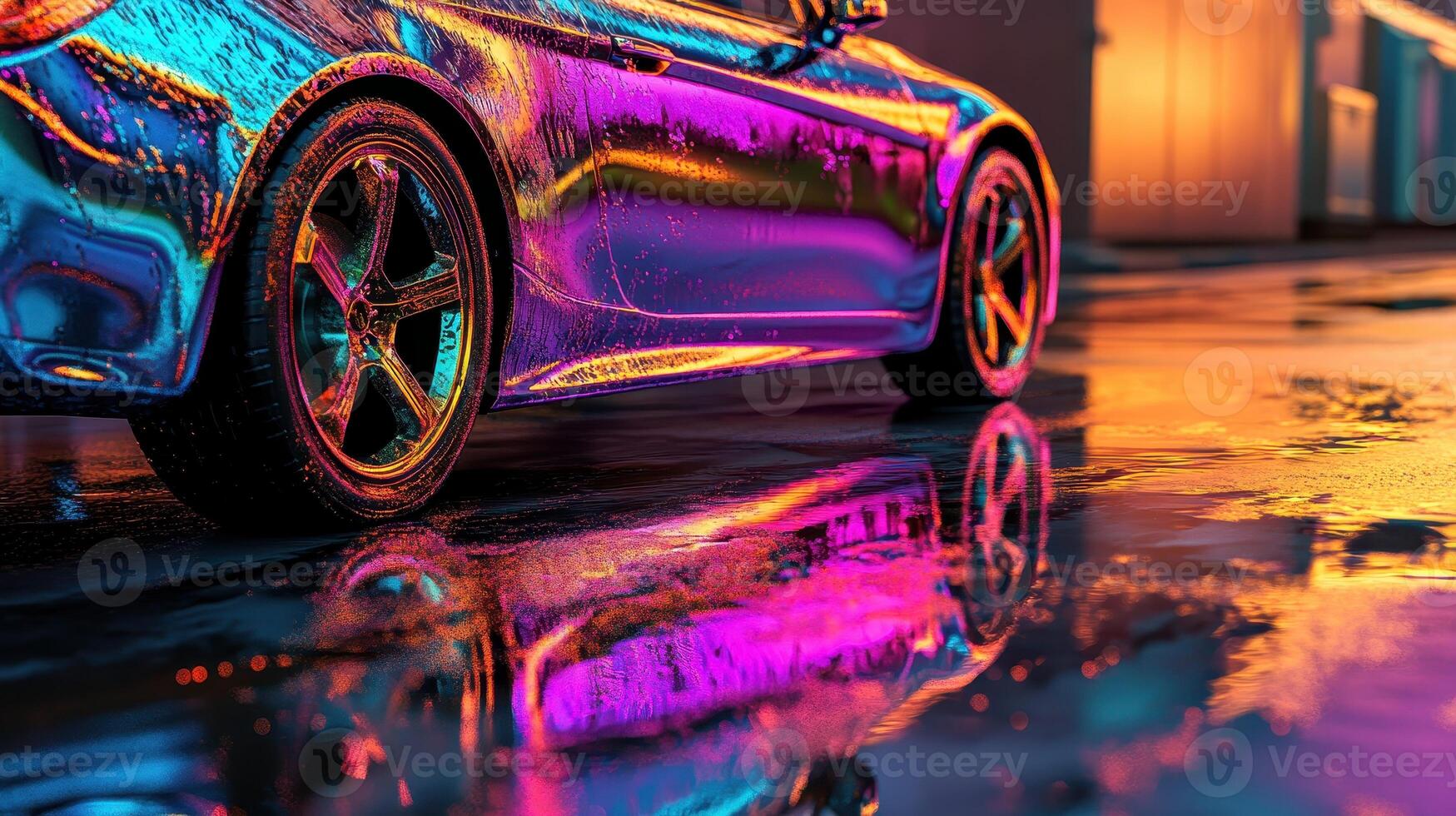 A vibrant, reflective car in a colorful urban setting after rain photo