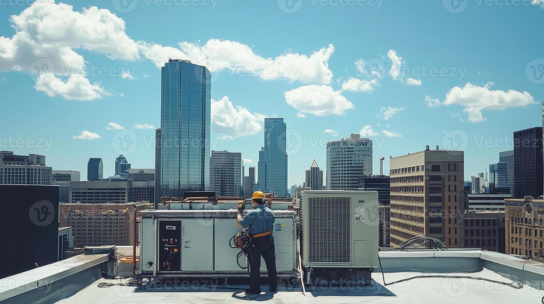 A technician services rooftop HVAC units with a city skyline in the background photo