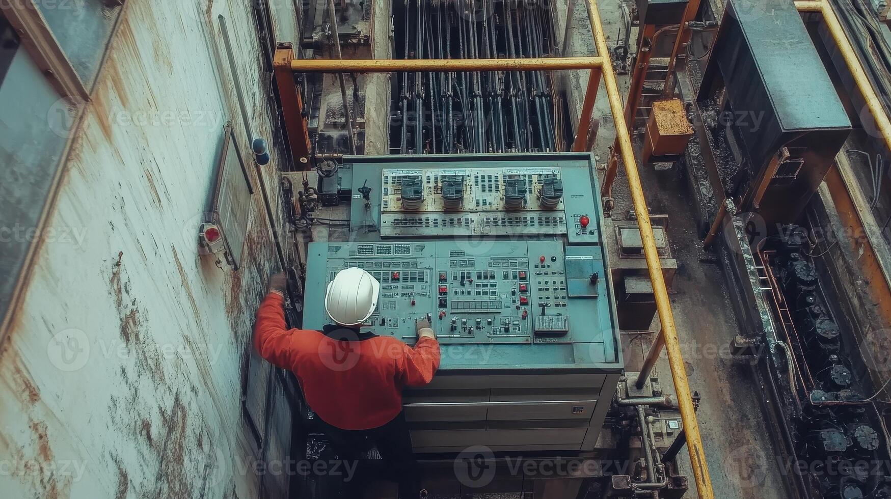 A worker operates machinery in an industrial setting, focusing on control panels and equipment photo