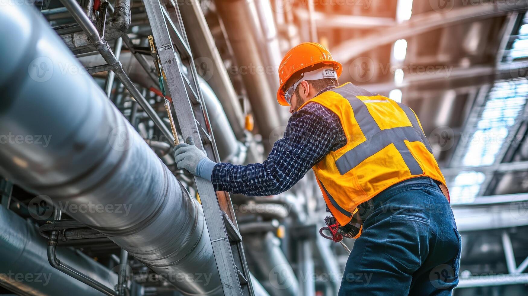 Worker in safety gear climbing a ladder in an industrial setting with pipes and machinery photo