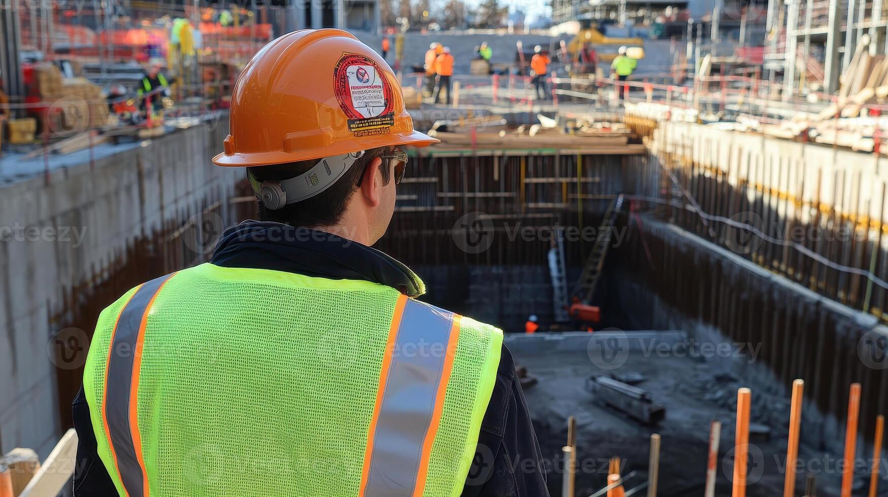 Construction site with workers and a person observing a deep excavation photo