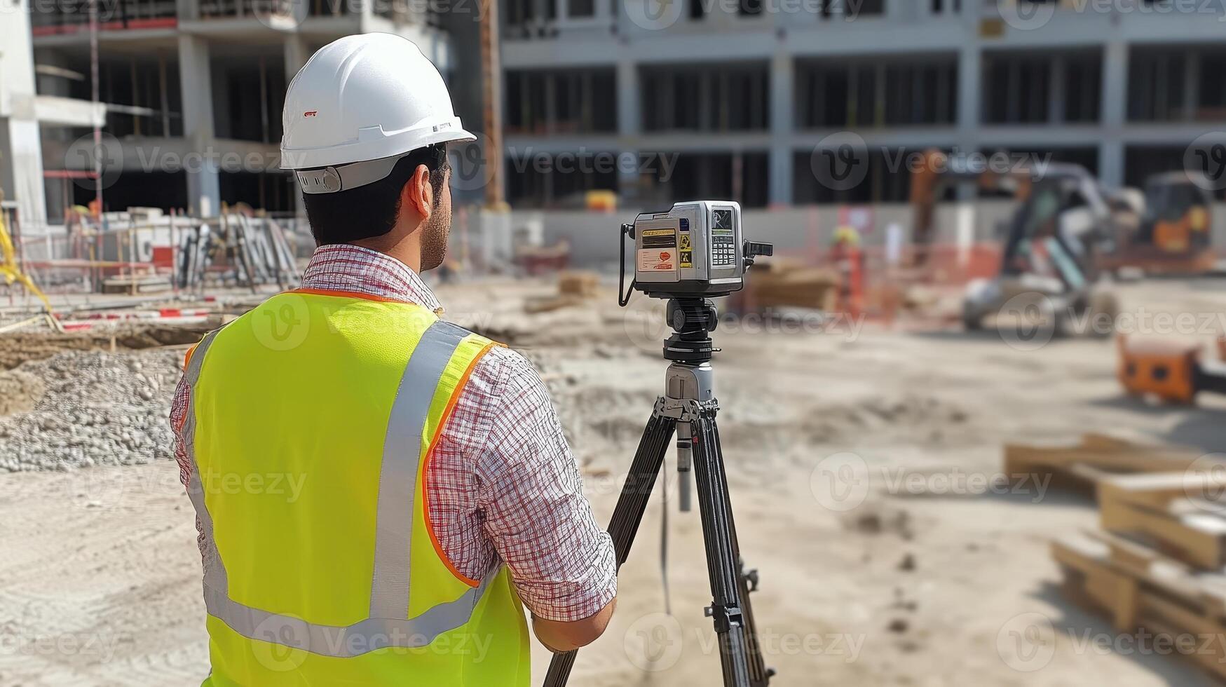 A construction worker using a surveying instrument on a building site photo