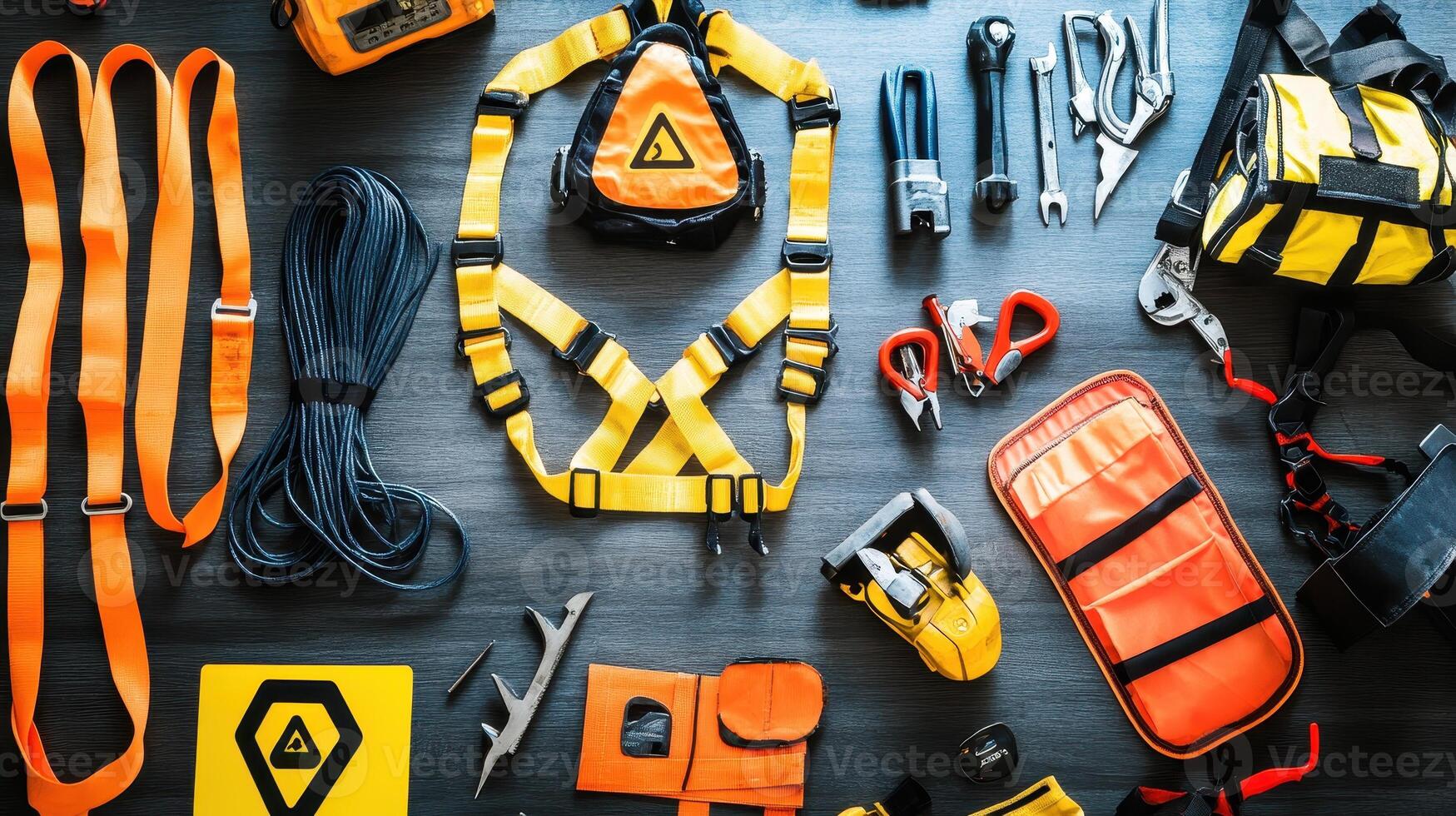 A collection of safety and climbing gear arranged on a surface for outdoor activities photo