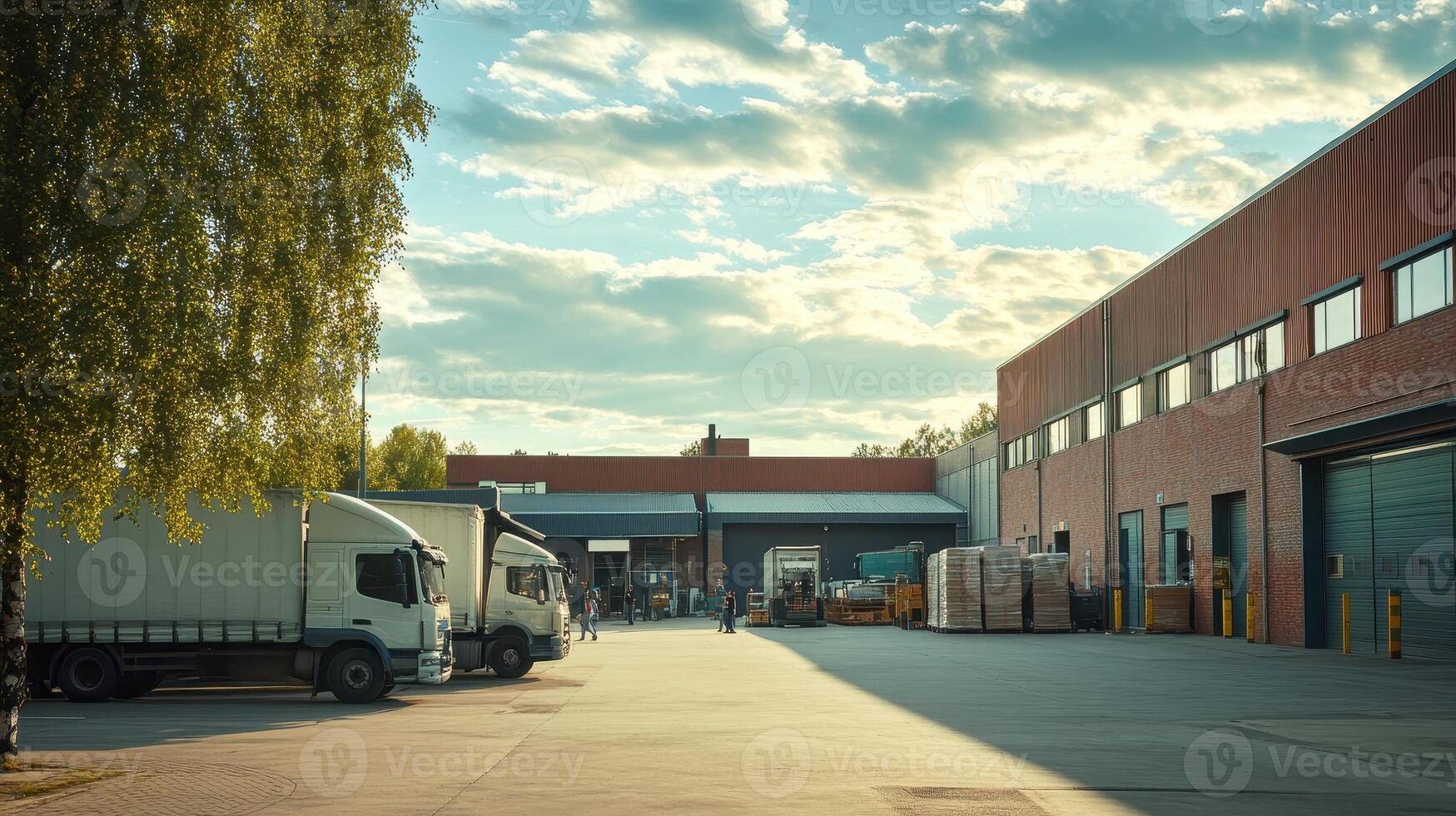 A view of a warehouse area with trucks and loading docks under a cloudy sky photo