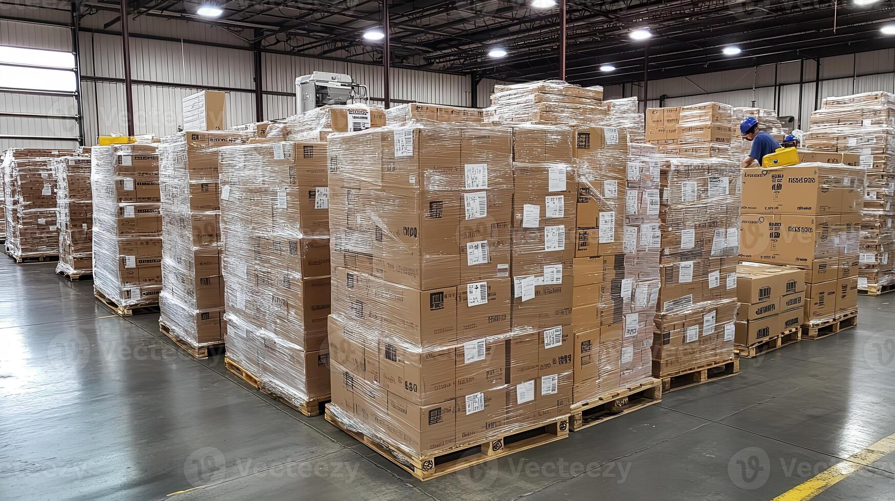 A warehouse filled with stacked boxes on pallets, indicating storage and logistics operations photo