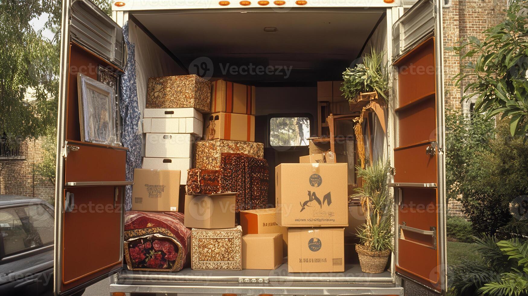 A packed moving truck filled with boxes and items ready for transport photo