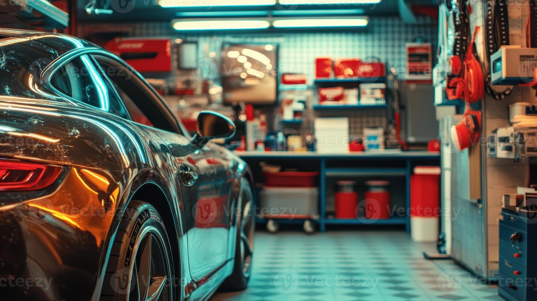 A sleek car in a well-organized workshop with tools and equipment in the background photo