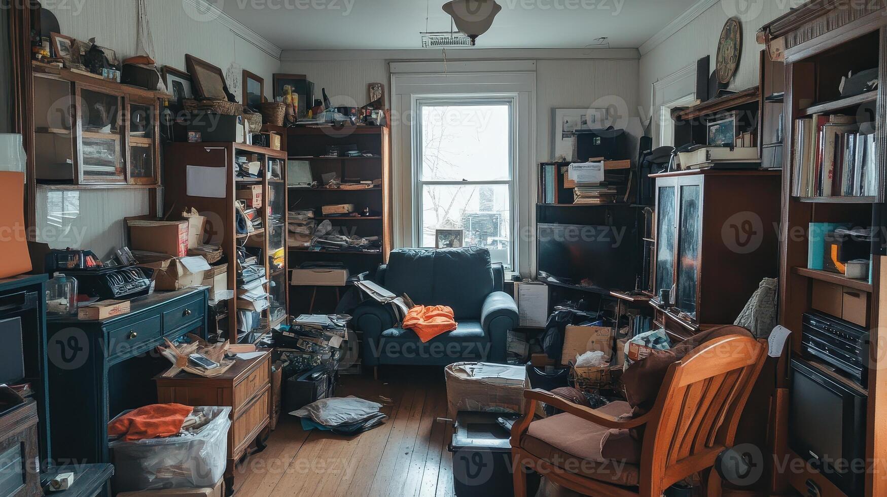 A cluttered living room filled with various items and furniture, creating a chaotic atmosphere photo