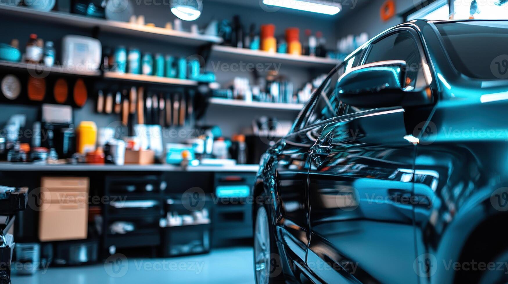A sleek car parked in a well-organized garage filled with tools and equipment photo