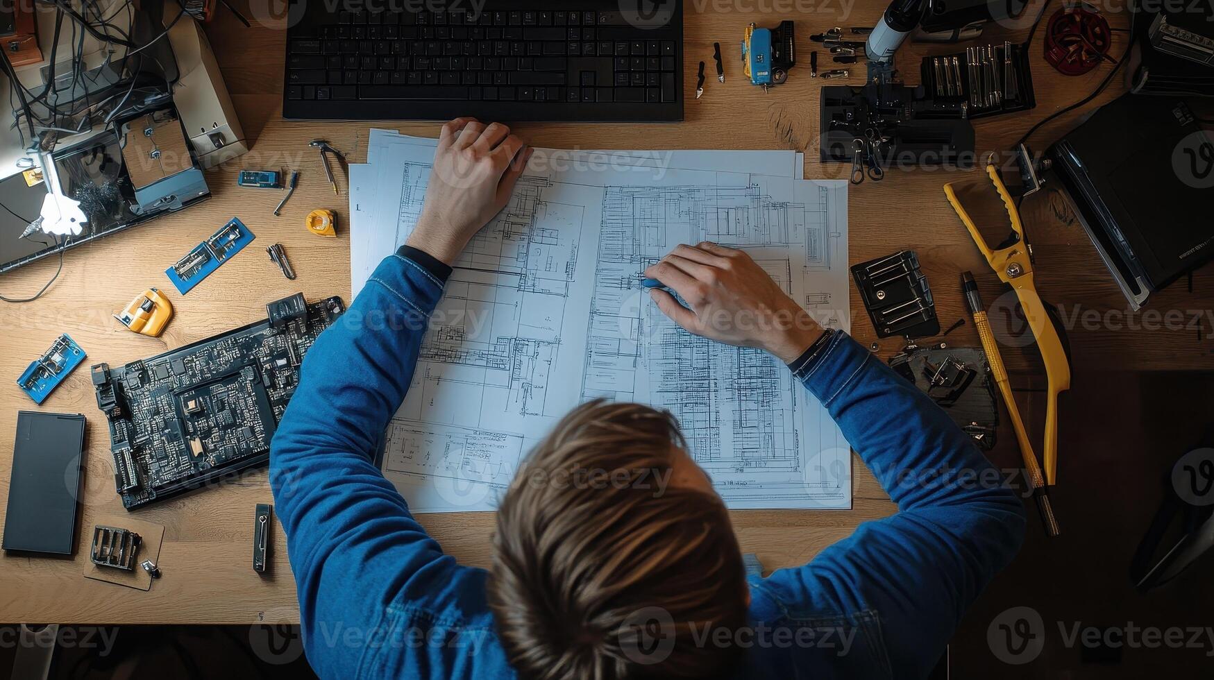 A person analyzing blueprints surrounded by tools and components in a workspace photo