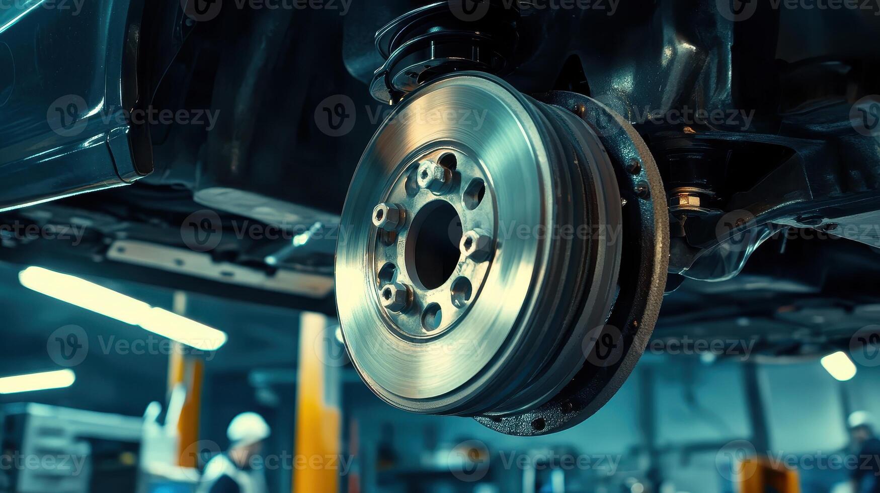 Close-up of a car brake system in a workshop, showcasing mechanical components photo