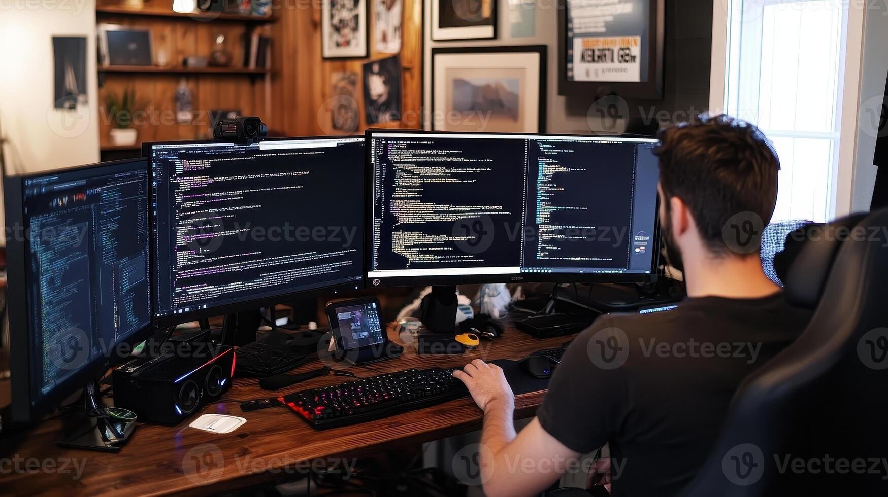 A person coding at a multi-monitor setup in a modern workspace photo