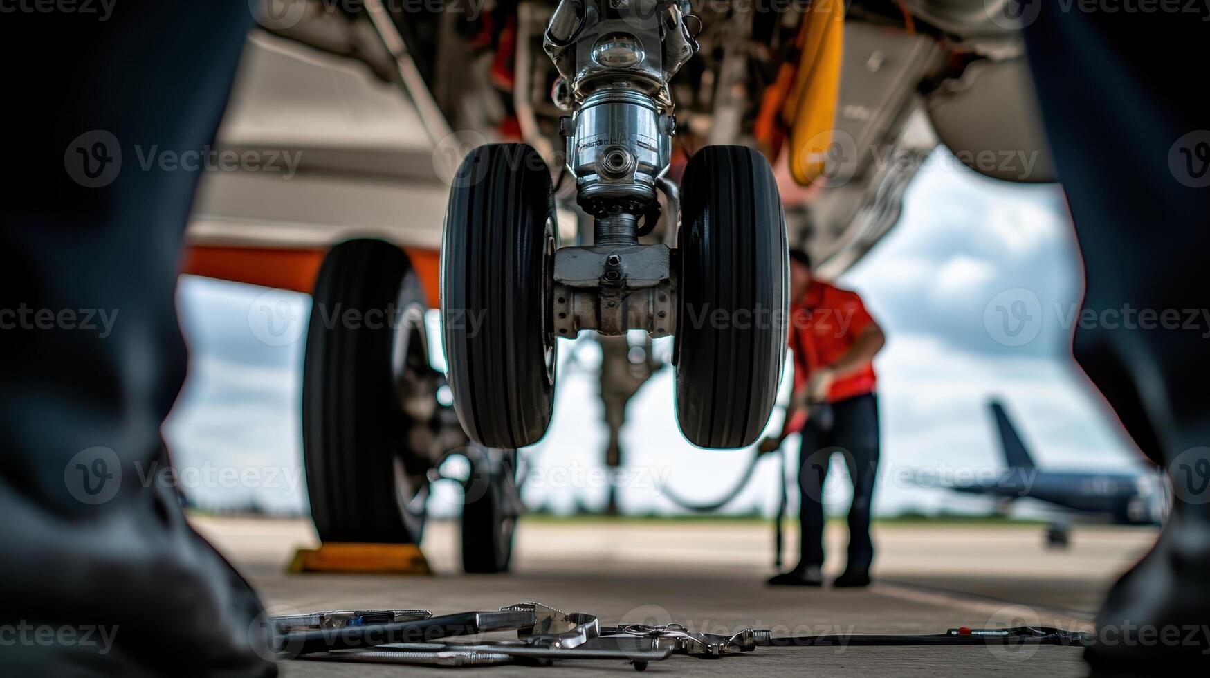A close-up view of aircraft landing gear with tools, indicating maintenance work in progress photo
