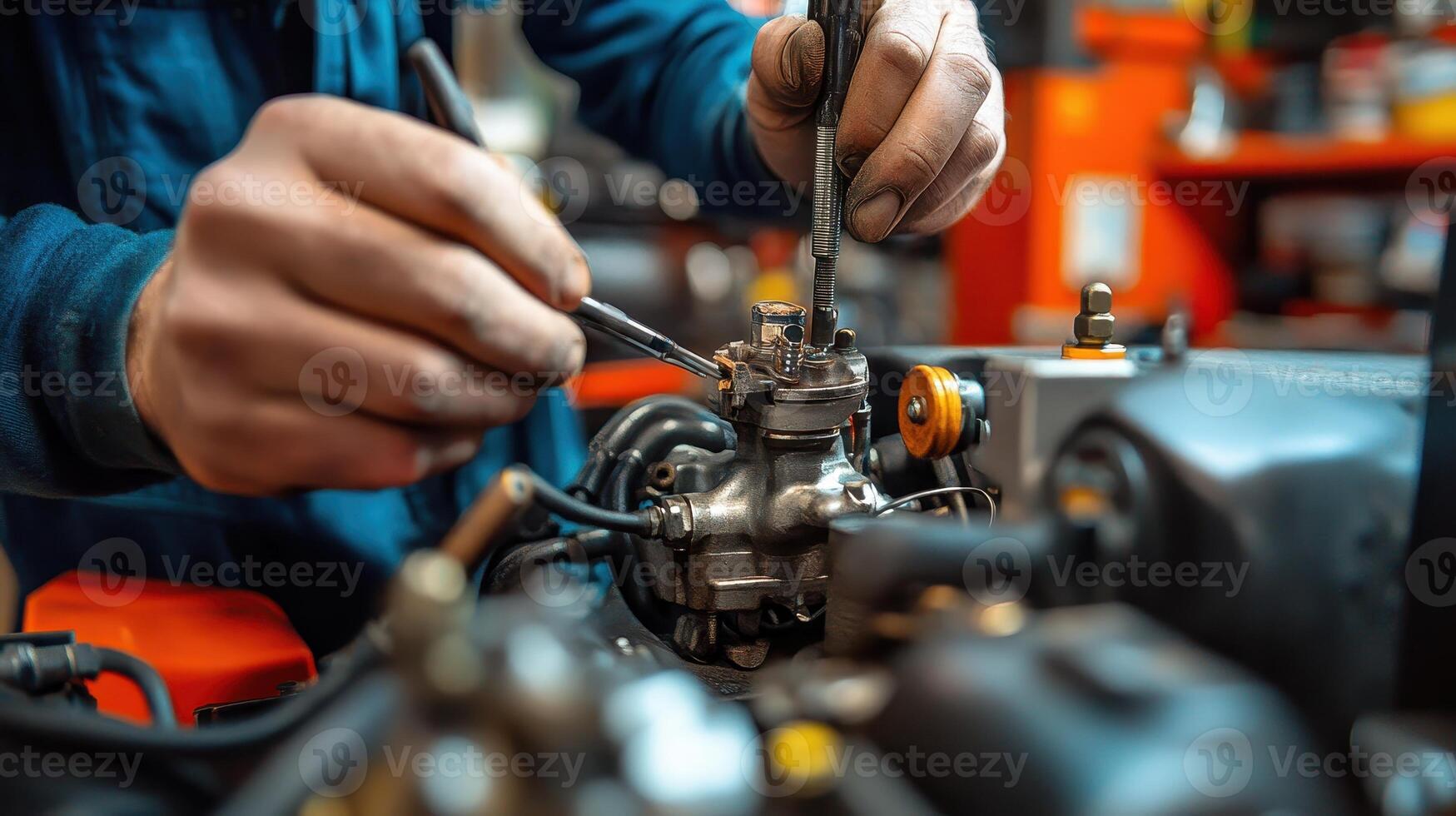 A mechanic works on an engine, adjusting components with tools for maintenance photo