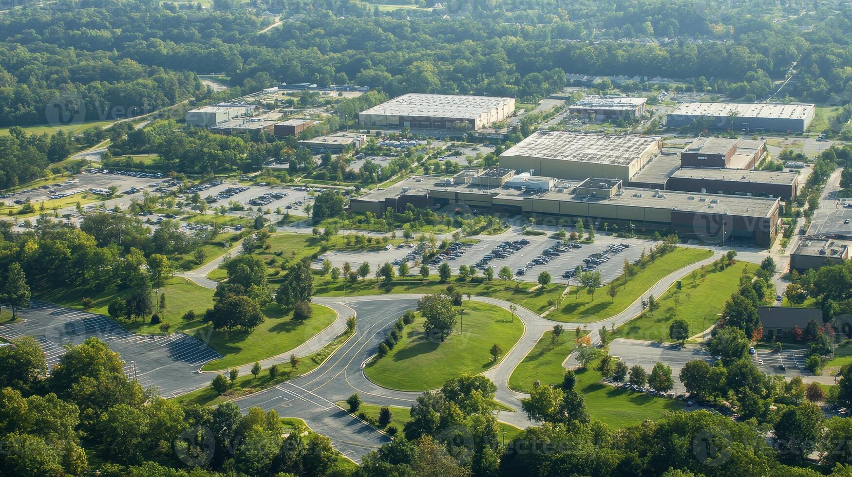 Aerial view of a commercial area with buildings and parking lots surrounded by greenery photo