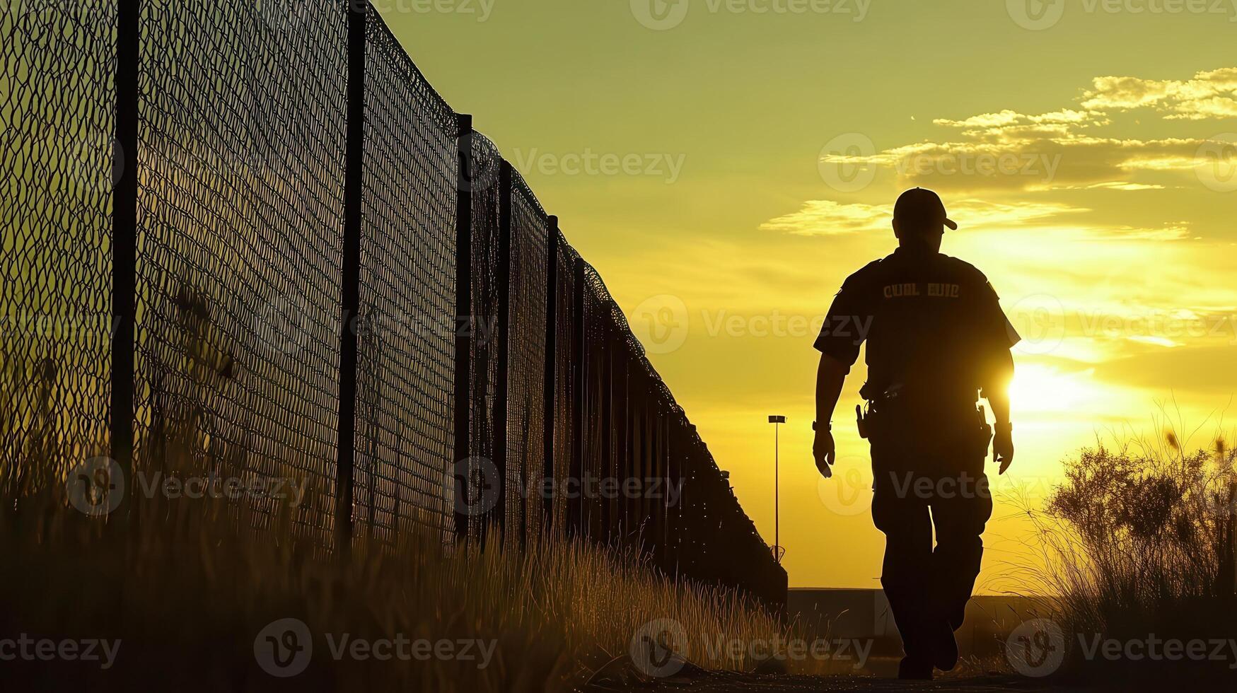 A silhouette of a person walking along a fence at sunset, symbolizing solitude and reflection photo