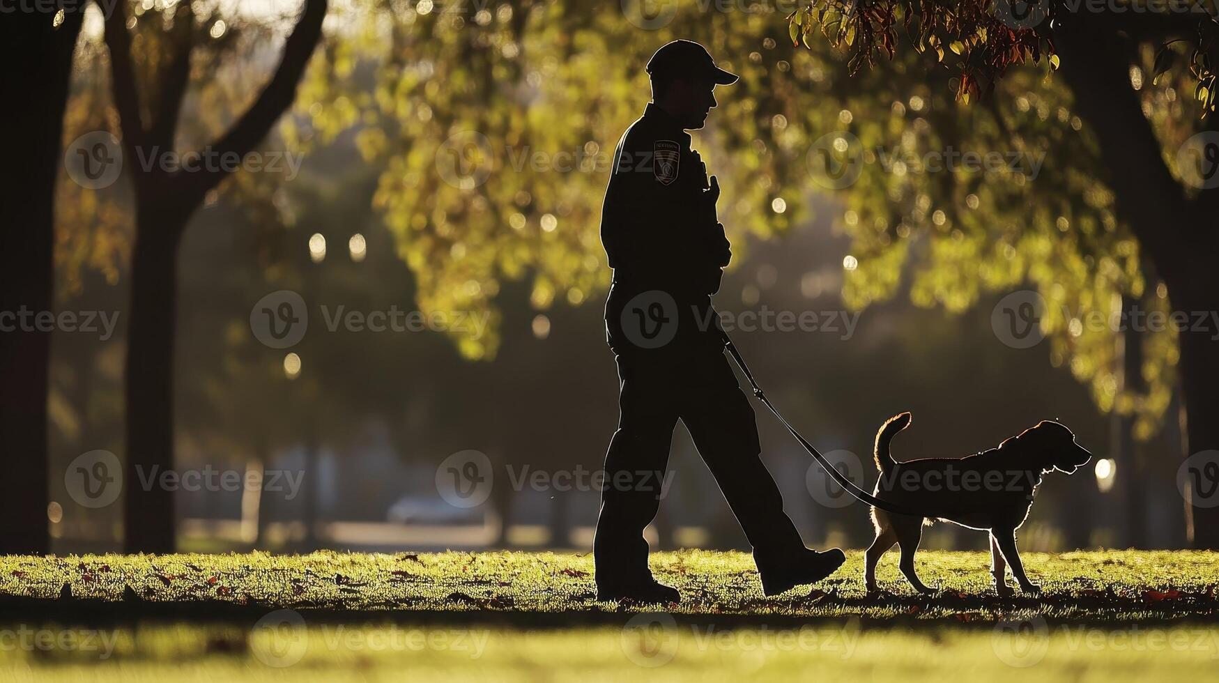 A silhouette of a police officer walking a dog in a park during sunset photo