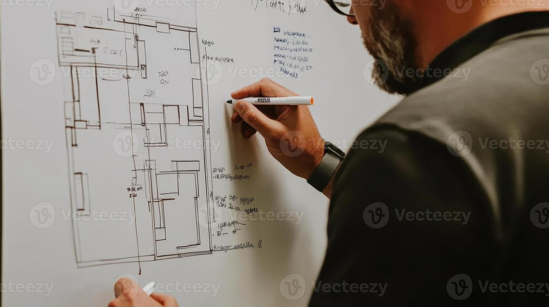 A person drawing architectural plans on a whiteboard with notes and annotations photo