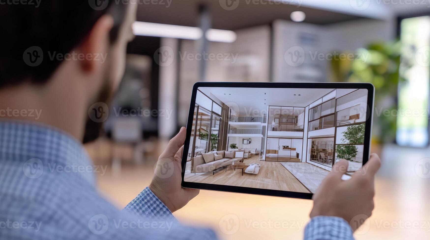 A person holds a tablet displaying a modern interior design visualization photo