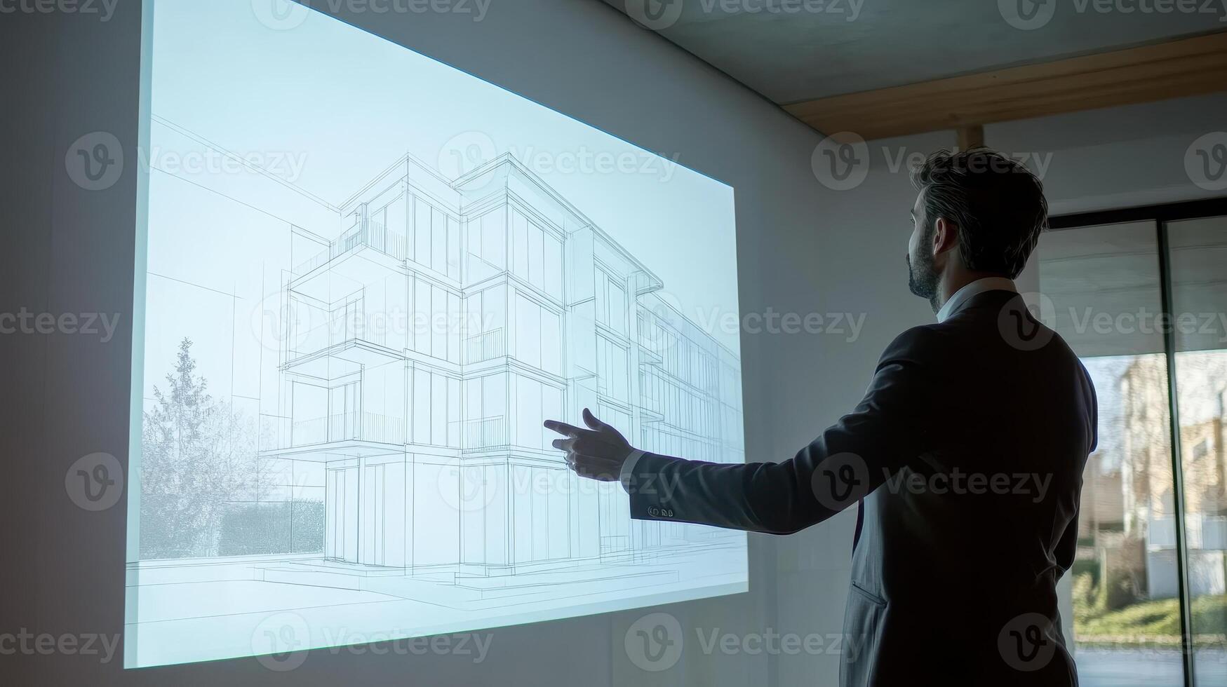 A man in a suit gestures towards an architectural design projected on a wall photo
