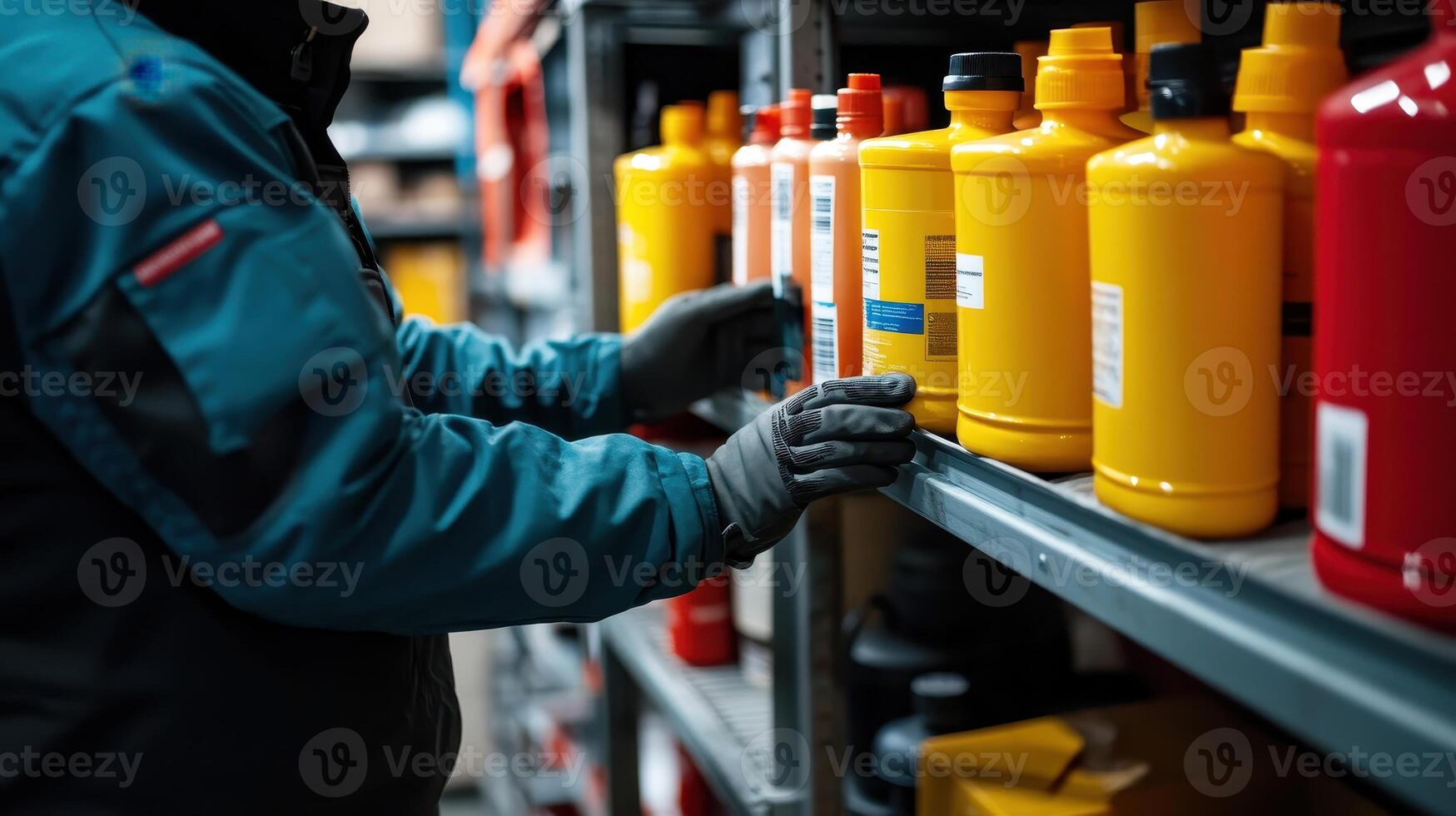 A person organizing colored containers on a shelf in a storage area photo