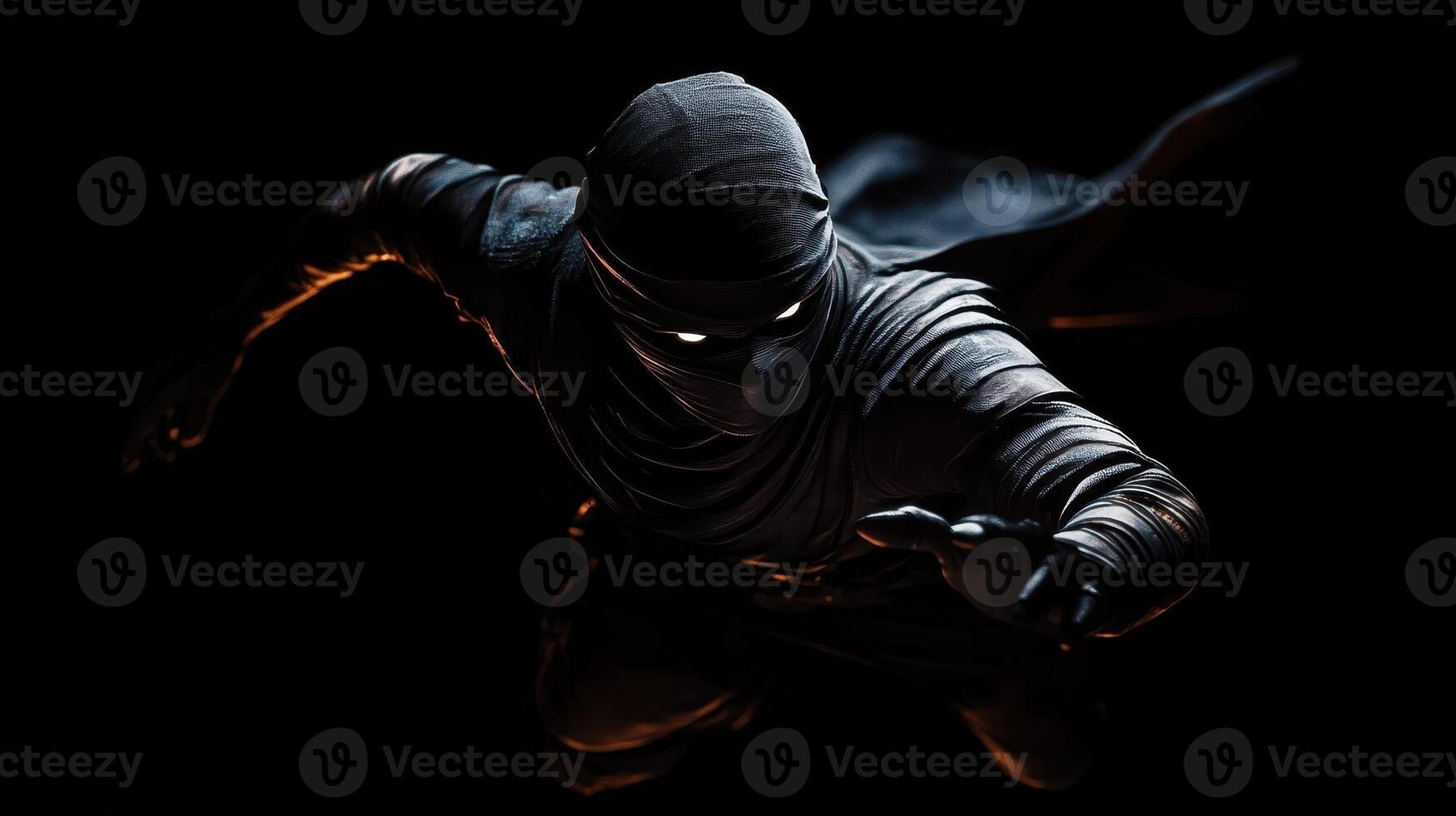A shadowy figure in a ninja-like outfit, poised for action against a dark backdrop photo