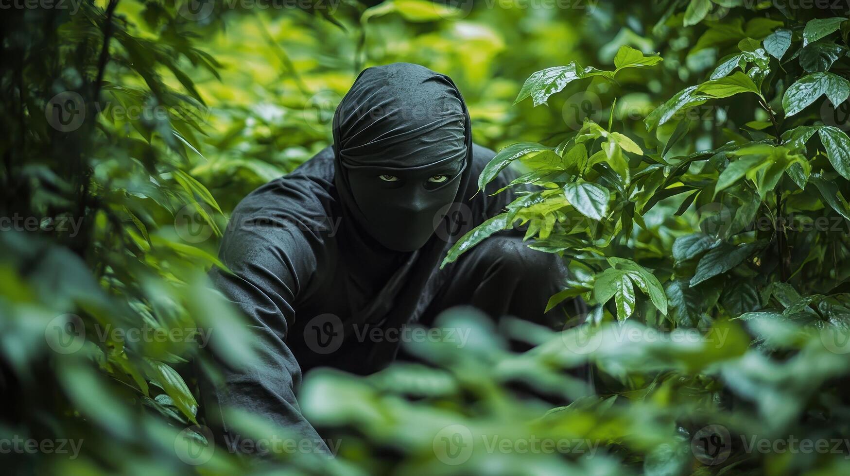 A cloaked figure crouches among dense green foliage, blending into the natural surroundings photo