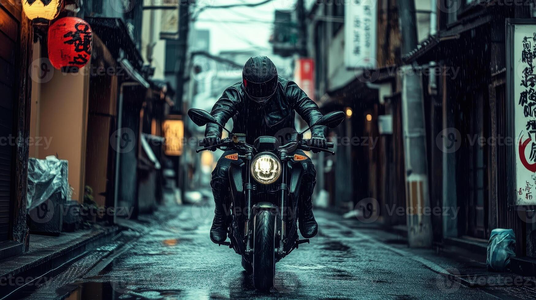 A motorcyclist rides through a narrow, rain-soaked alley in an urban setting photo
