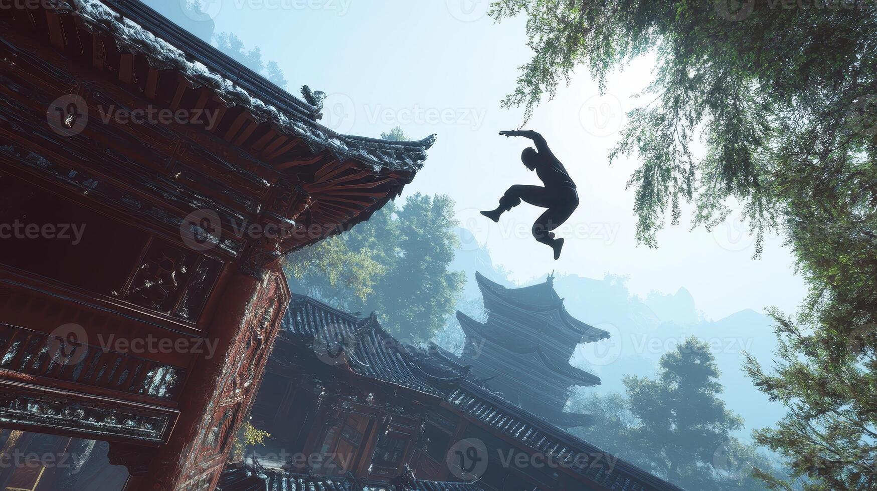 A silhouette leaps between traditional Asian architecture in a serene, misty environment. photo