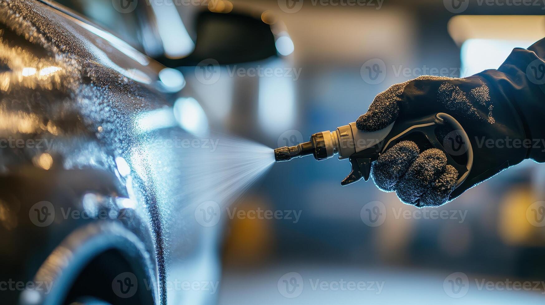 A person using a pressure washer on a car, showcasing cleaning in an industrial setting photo