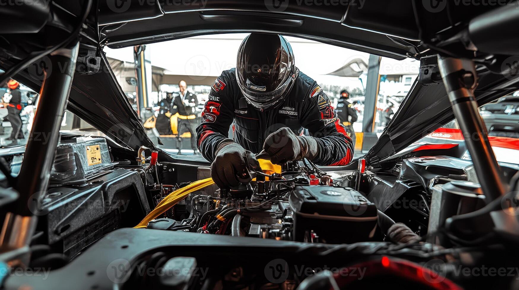 A mechanic works on a race car engine in a pit area, preparing for a race photo