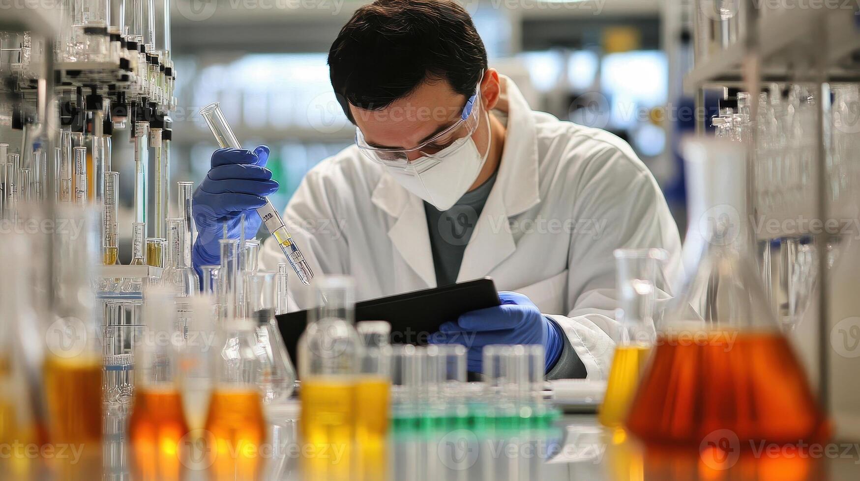 Scientist conducting experiments in a laboratory with various glassware and colorful liquids photo