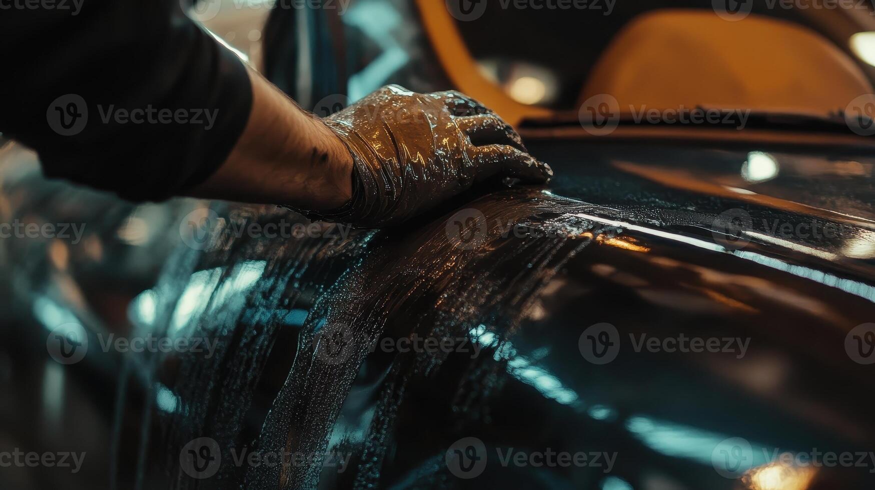 A hand applying a cleaning solution to a car's surface in a workshop photo
