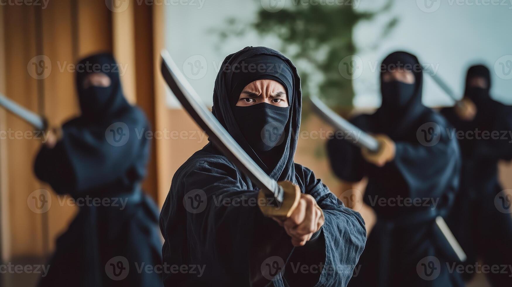 A group of ninjas in traditional attire wielding swords in a dynamic martial arts setting photo