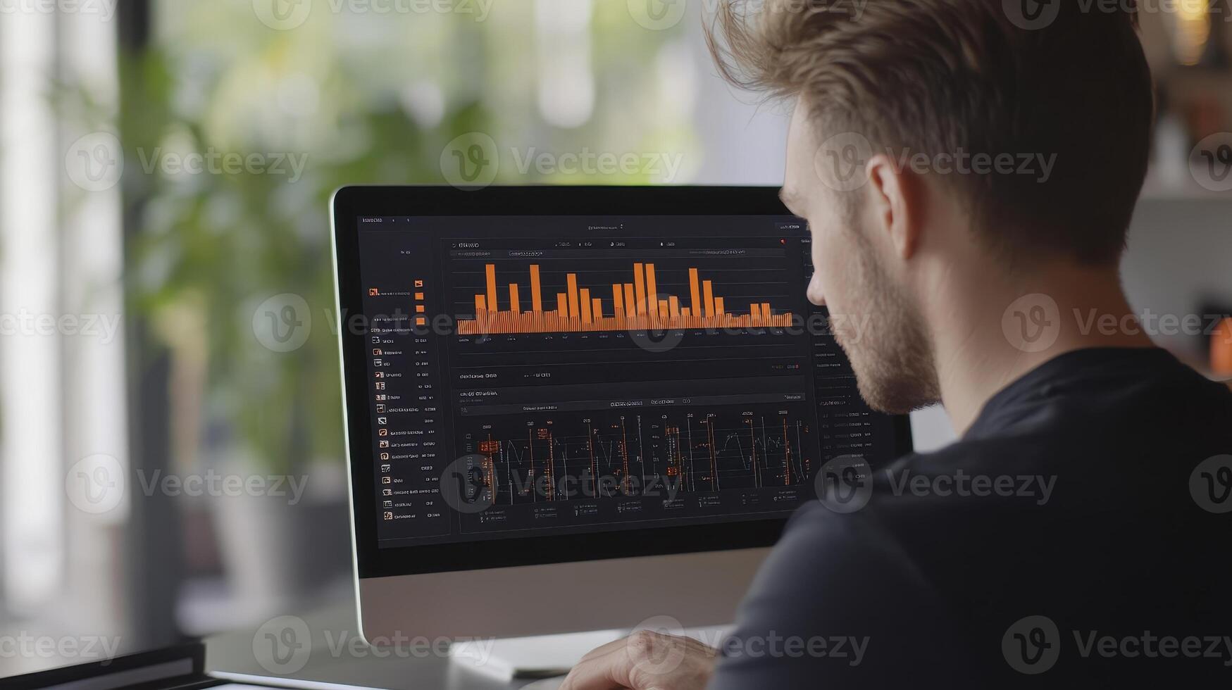 A person analyzing data on a computer screen with graphs and charts photo