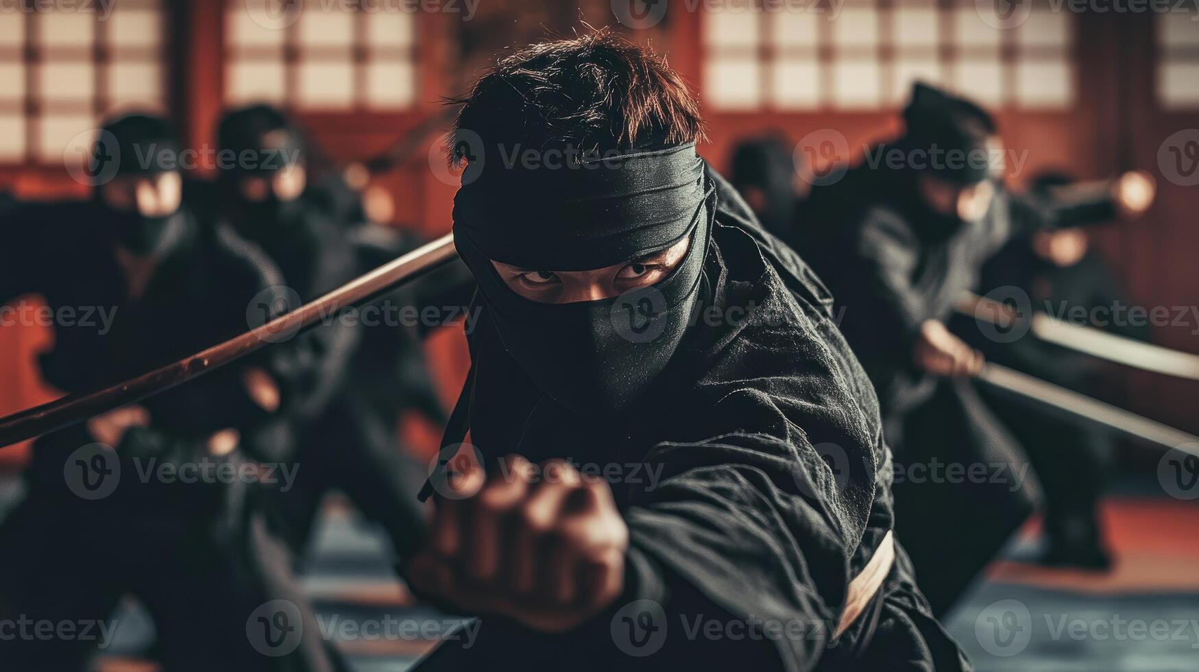A group of ninjas practicing martial arts with swords in a traditional dojo setting photo