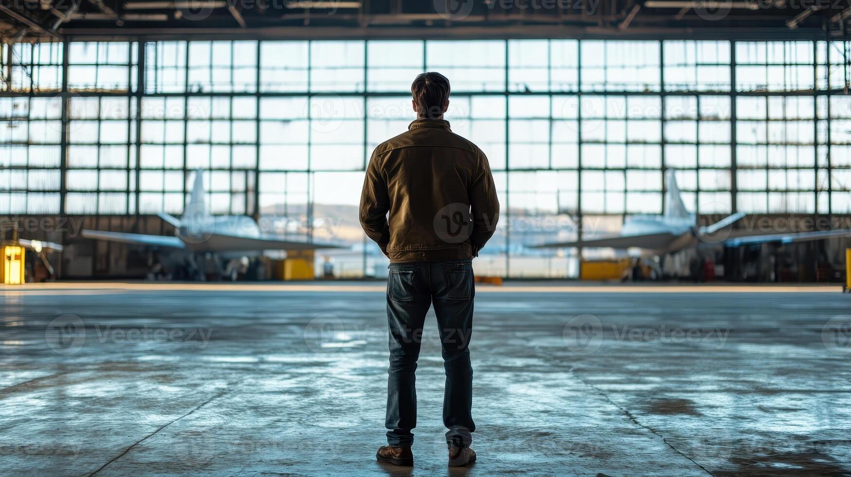 A person stands in an aircraft hangar, gazing out at planes through large windows photo