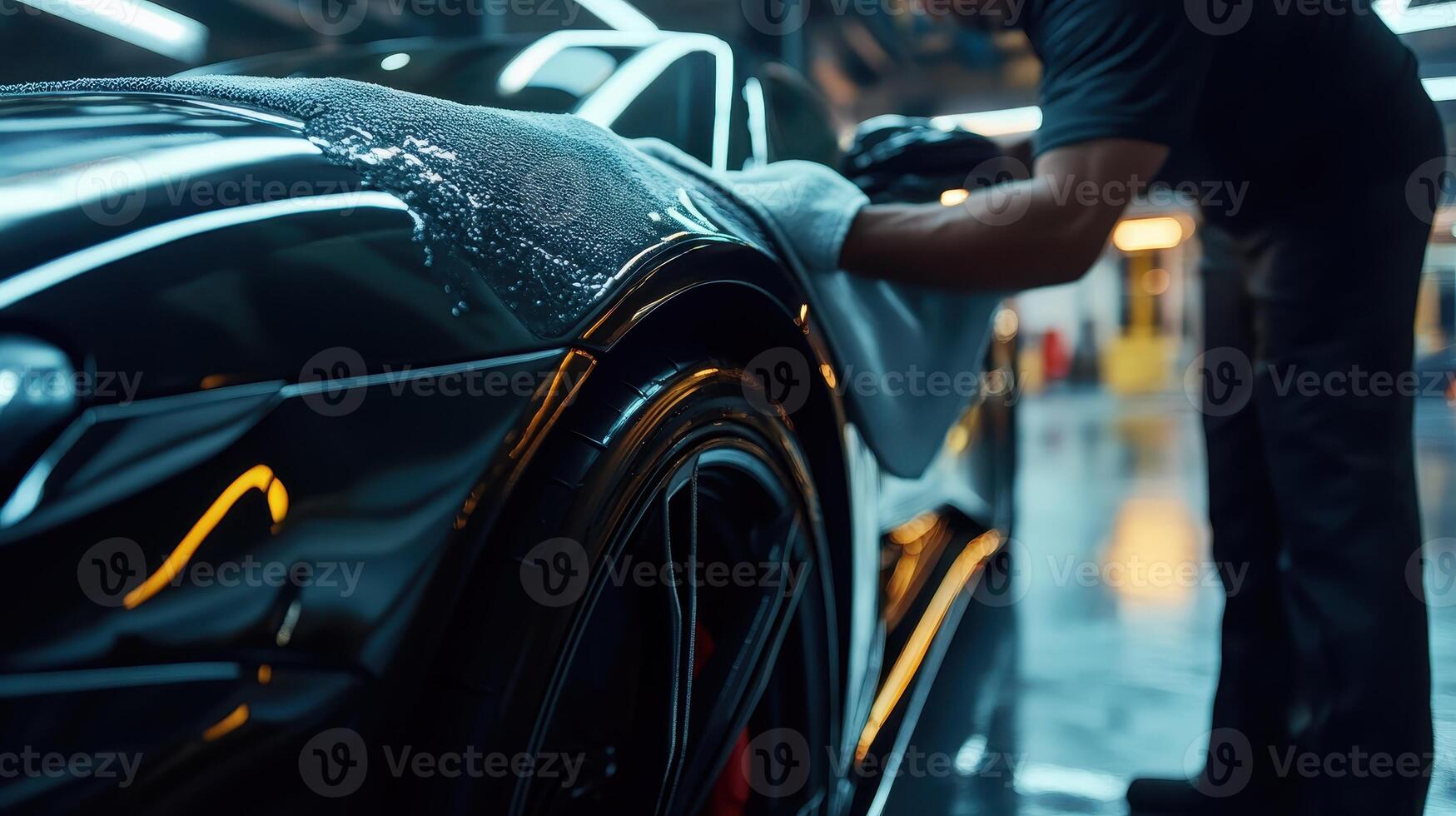 A person detailing a sleek black car in a well-lit automotive workshop photo