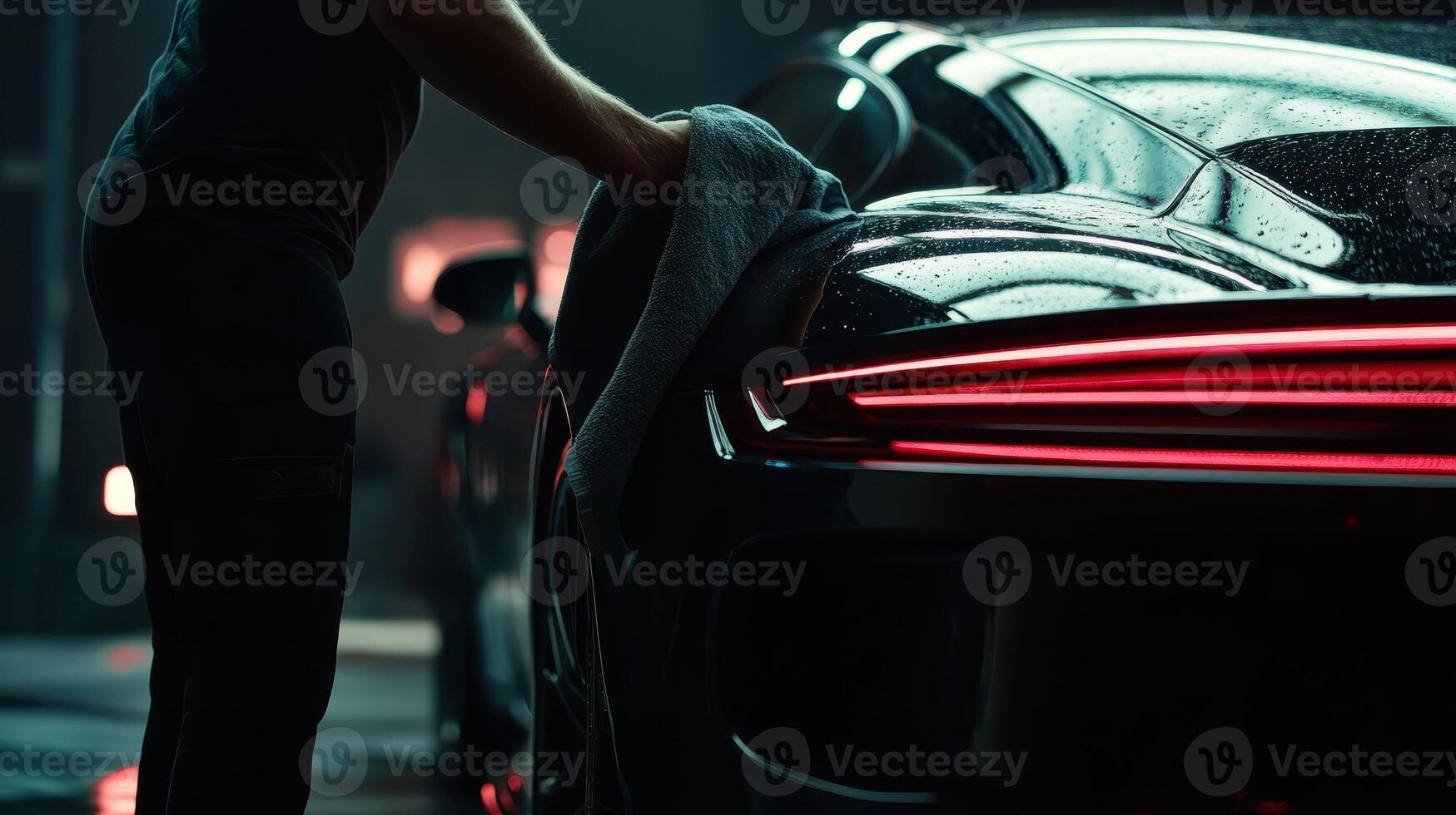 A person is drying a sleek black car with neon lights reflecting on its surface photo
