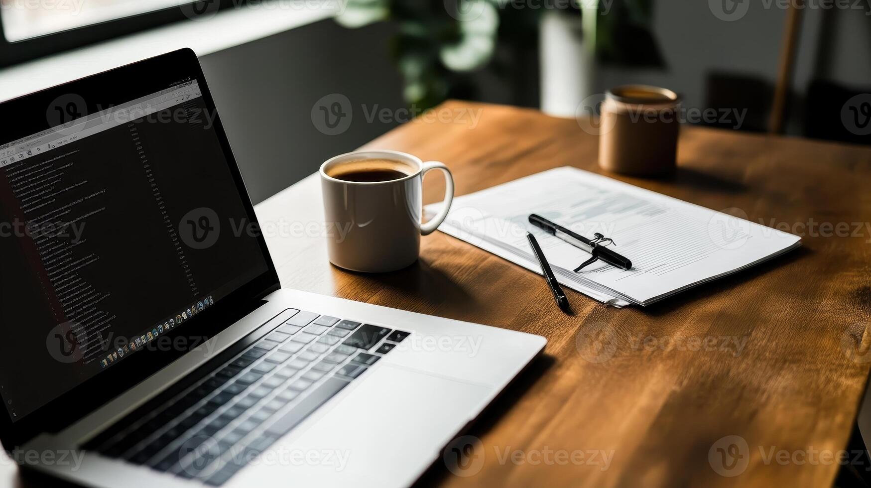 A workspace with a laptop, coffee, and documents on a wooden table photo
