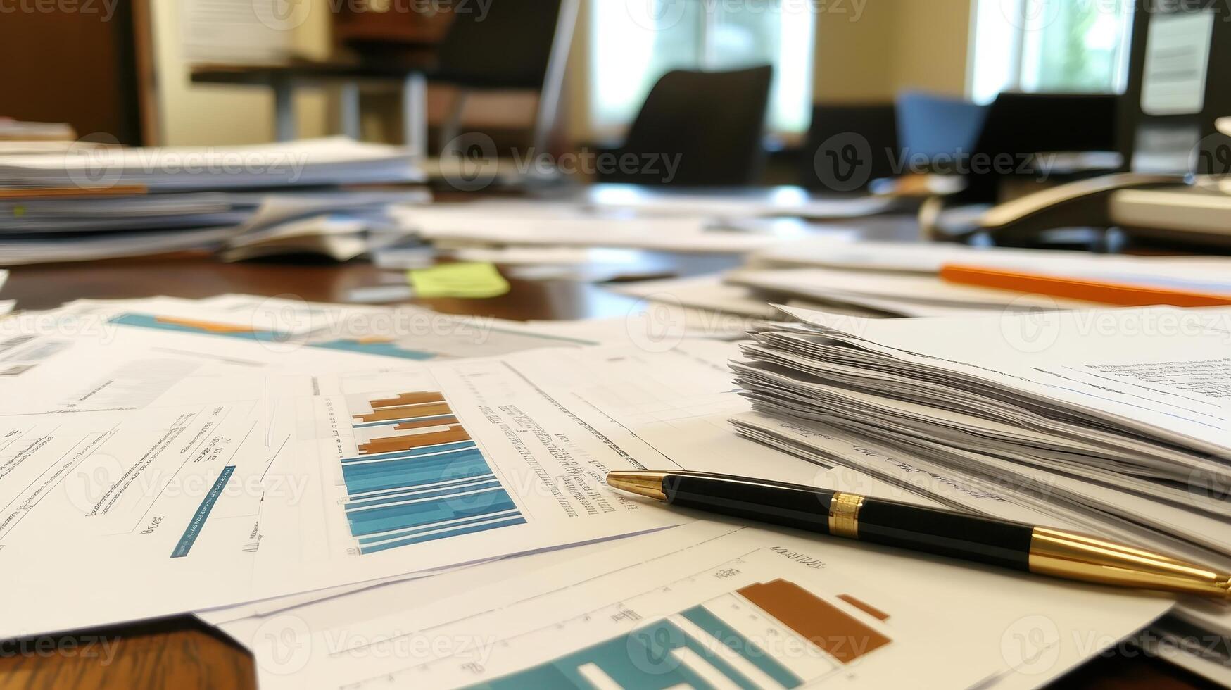 A cluttered workspace with documents, charts, and a pen, indicating business analysis photo