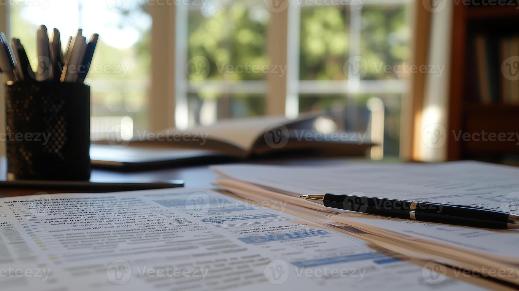 A workspace with documents, a pen, and a pencil holder, suggesting productivity and study photo