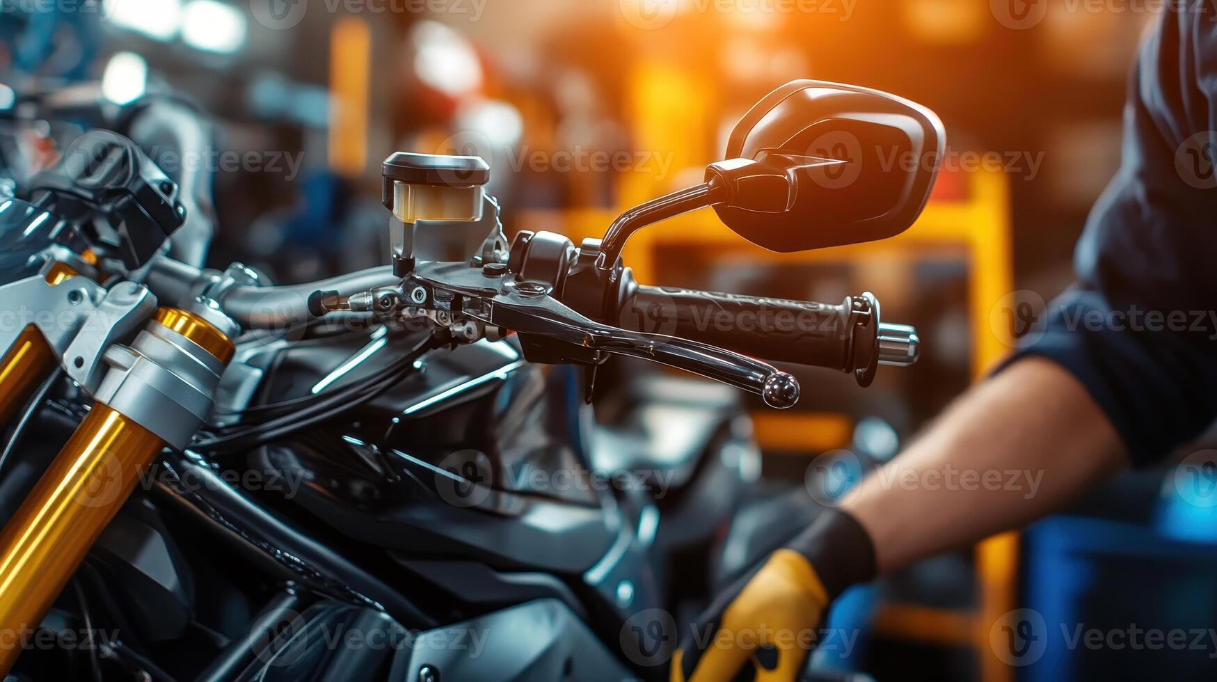 A close-up of a motorcycle handlebar in a workshop, showcasing maintenance work photo