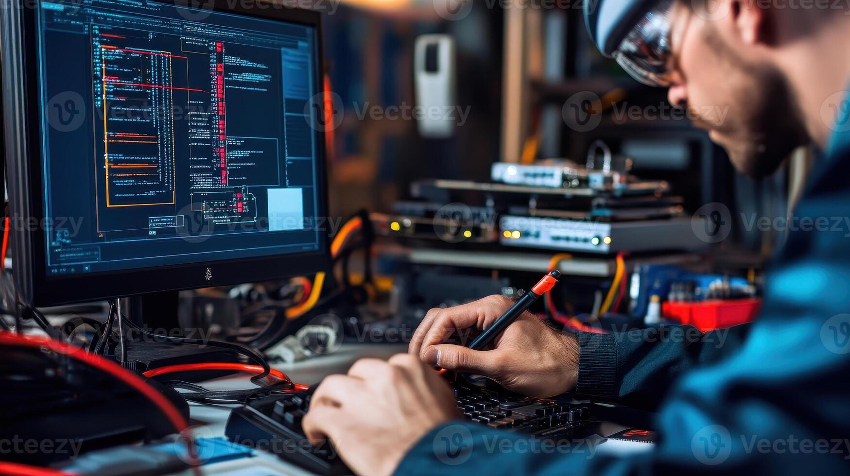 A technician working on a computer with programming software and equipment in a lab setting photo