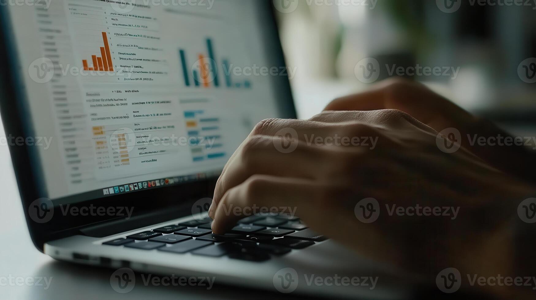 A person typing on a laptop displaying data visualizations and statistics photo