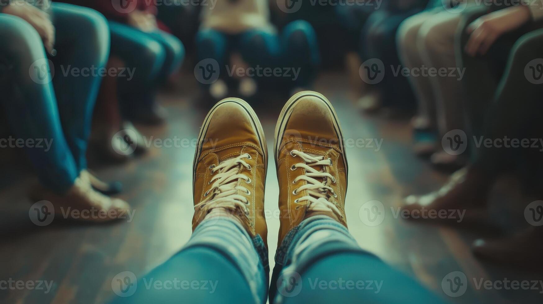 A close-up of yellow sneakers in a circle of people, suggesting a social gathering photo