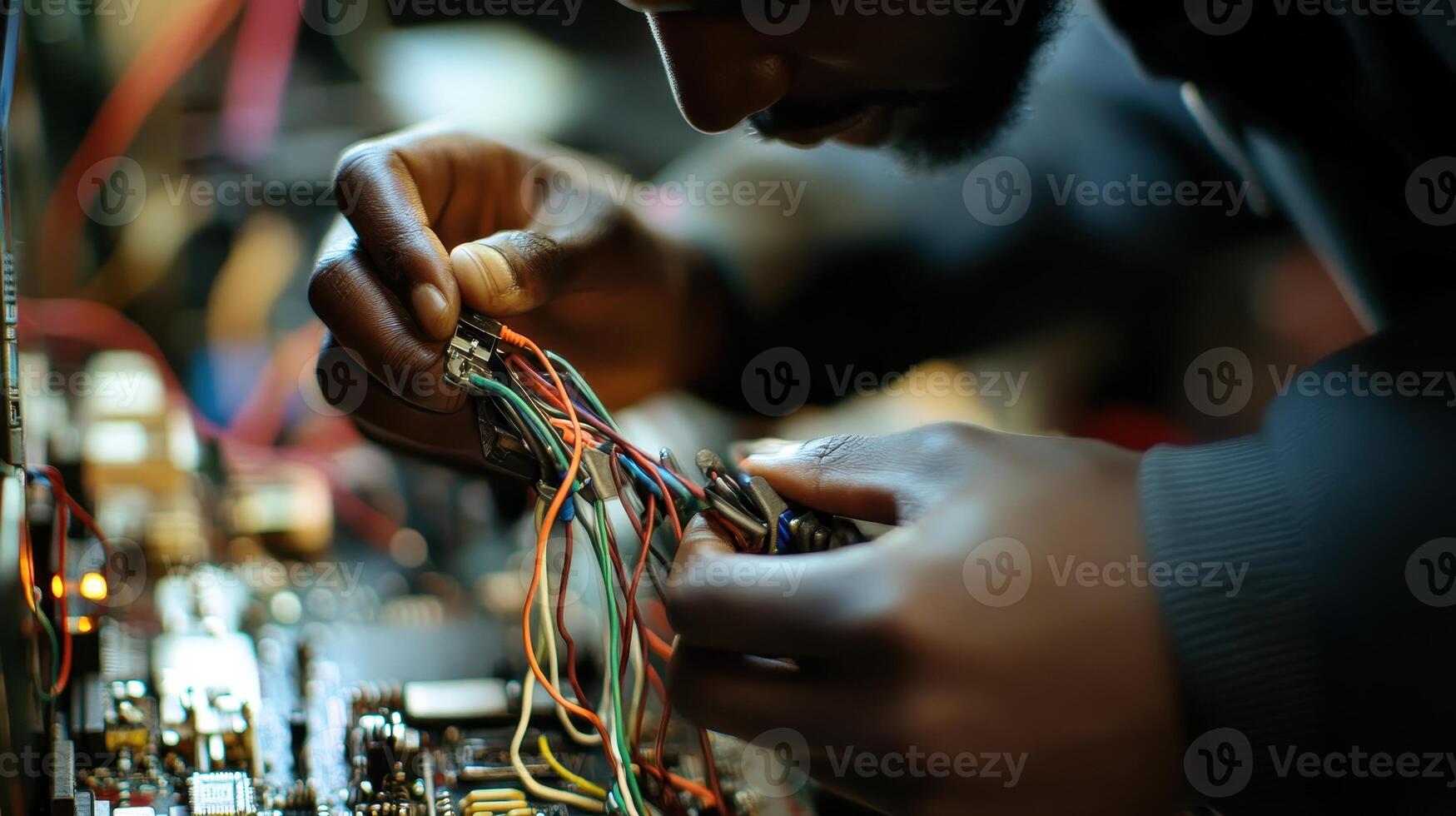 A person meticulously working on electronic wires and components in a technical setting photo