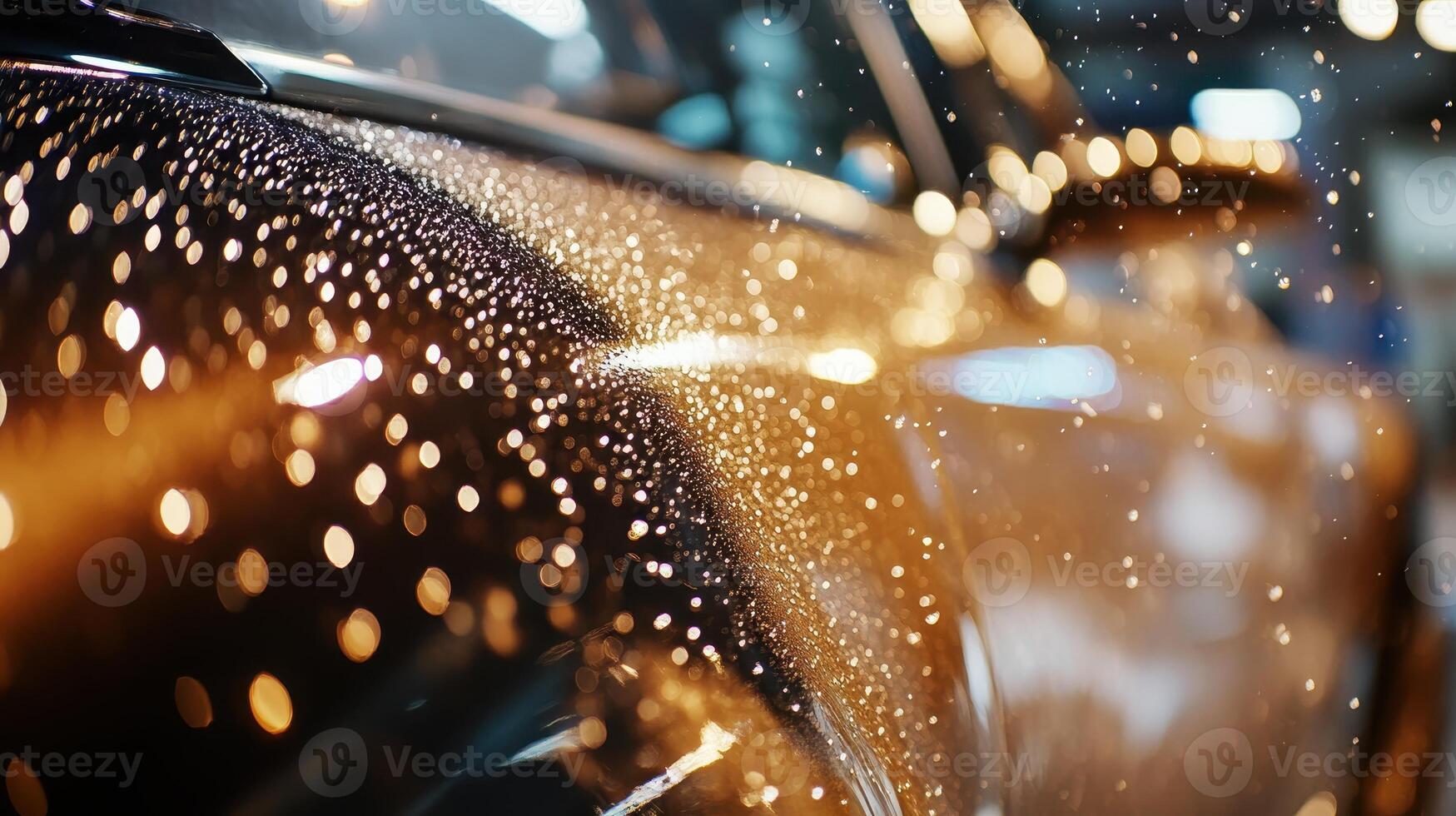 Close-up of a shiny car surface with water droplets and bokeh lights in the background photo