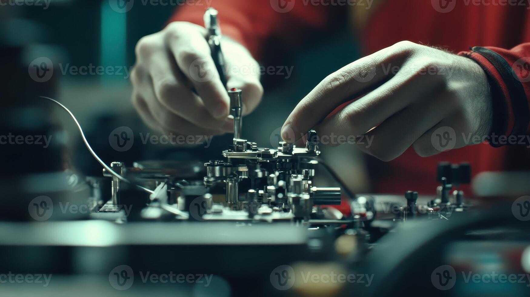 Close-up of hands working on intricate mechanical components with tools photo