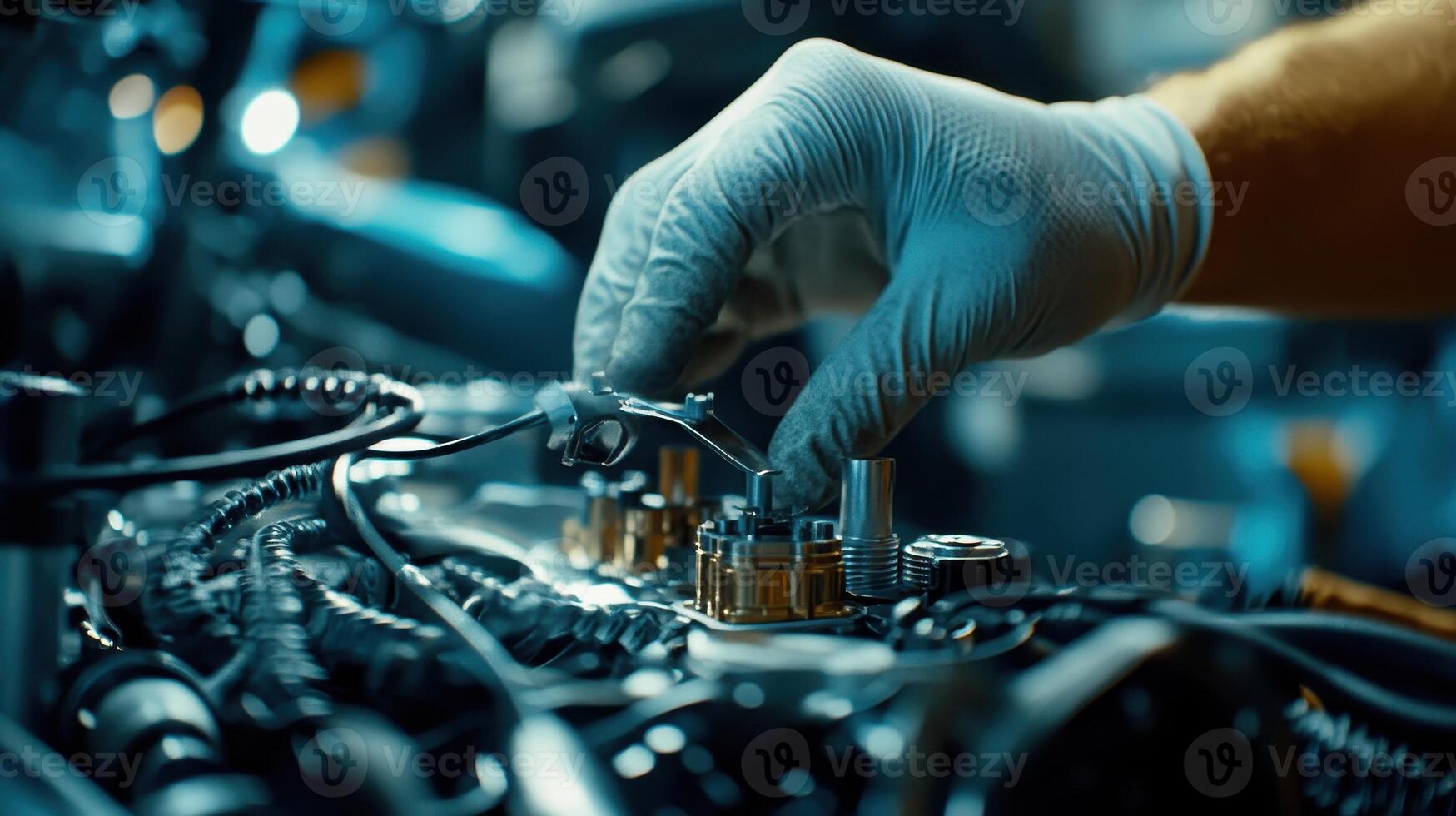 A technician adjusts components on a mechanical engine, showcasing precision and skill photo